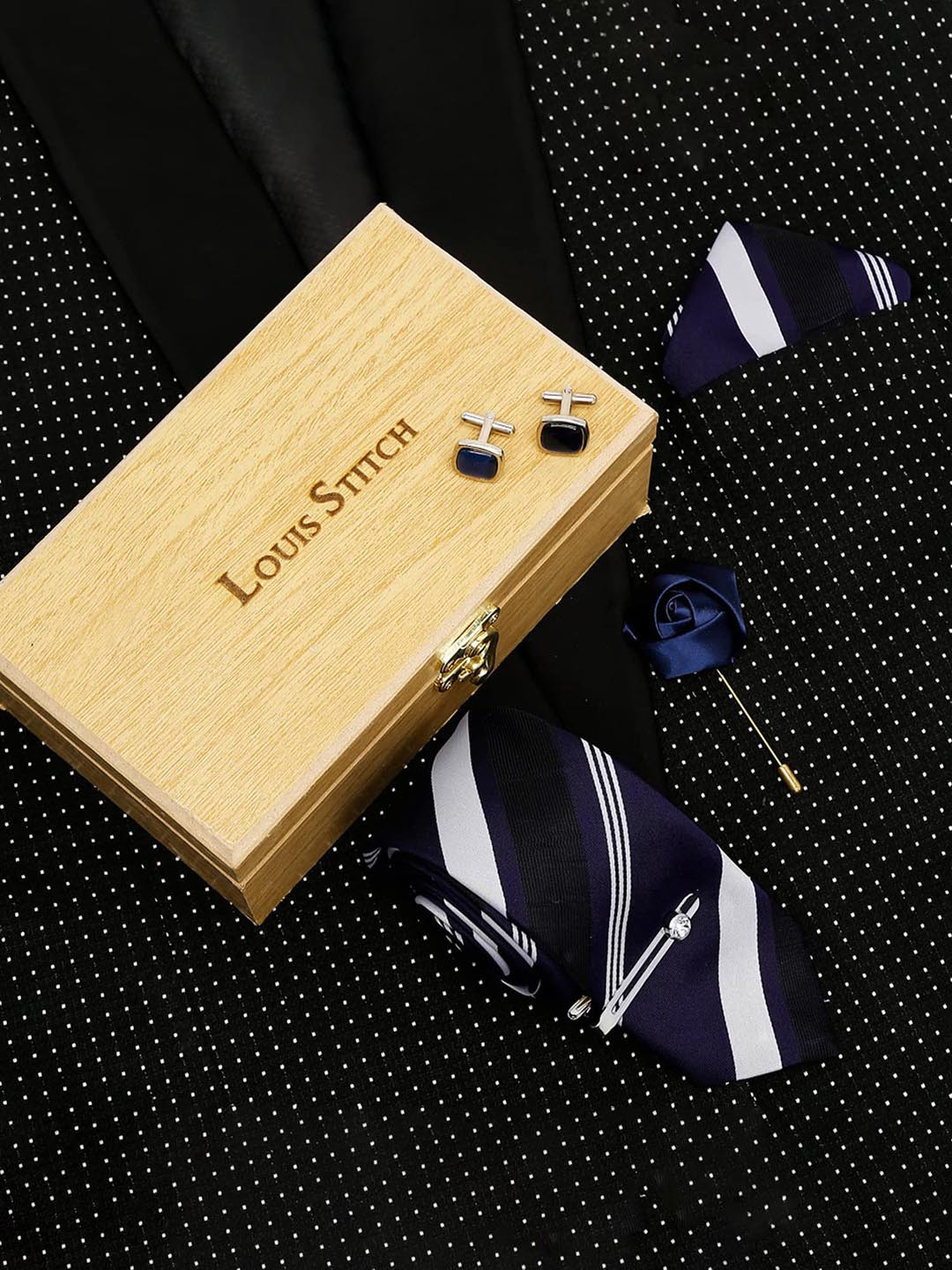 LOUIS STITCH Men Lined Blue Stripes Italian Silk Necktie Accessory Gift Set