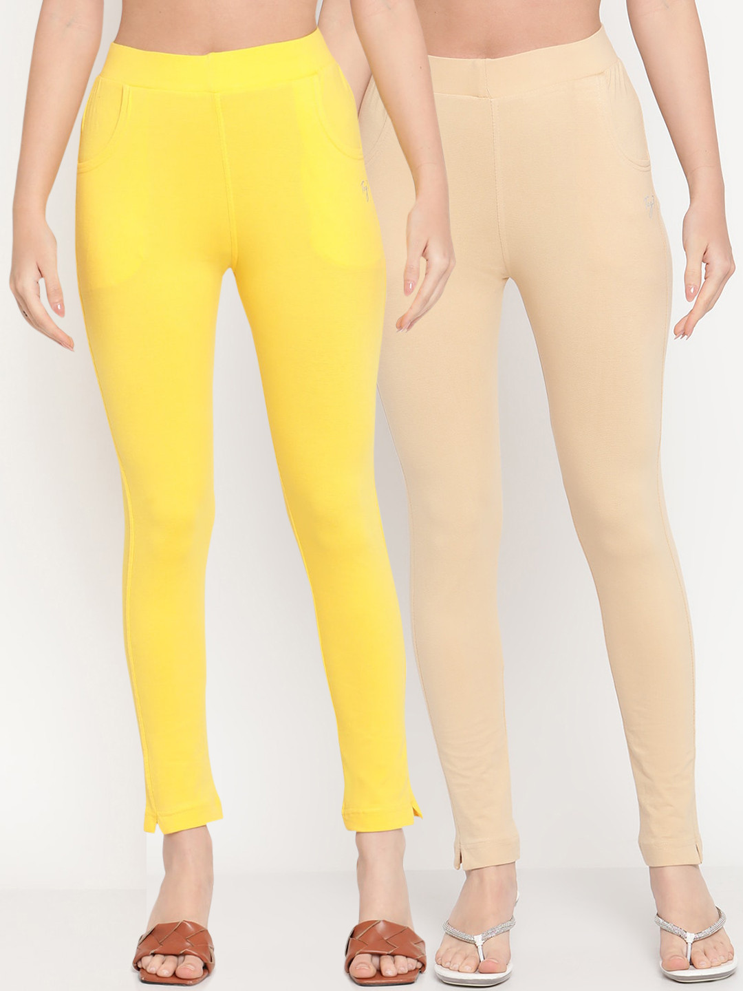 TAG 7 Beige & Yellow Women Women Solid Comfort-Fit Ankle-Fit Leggings
