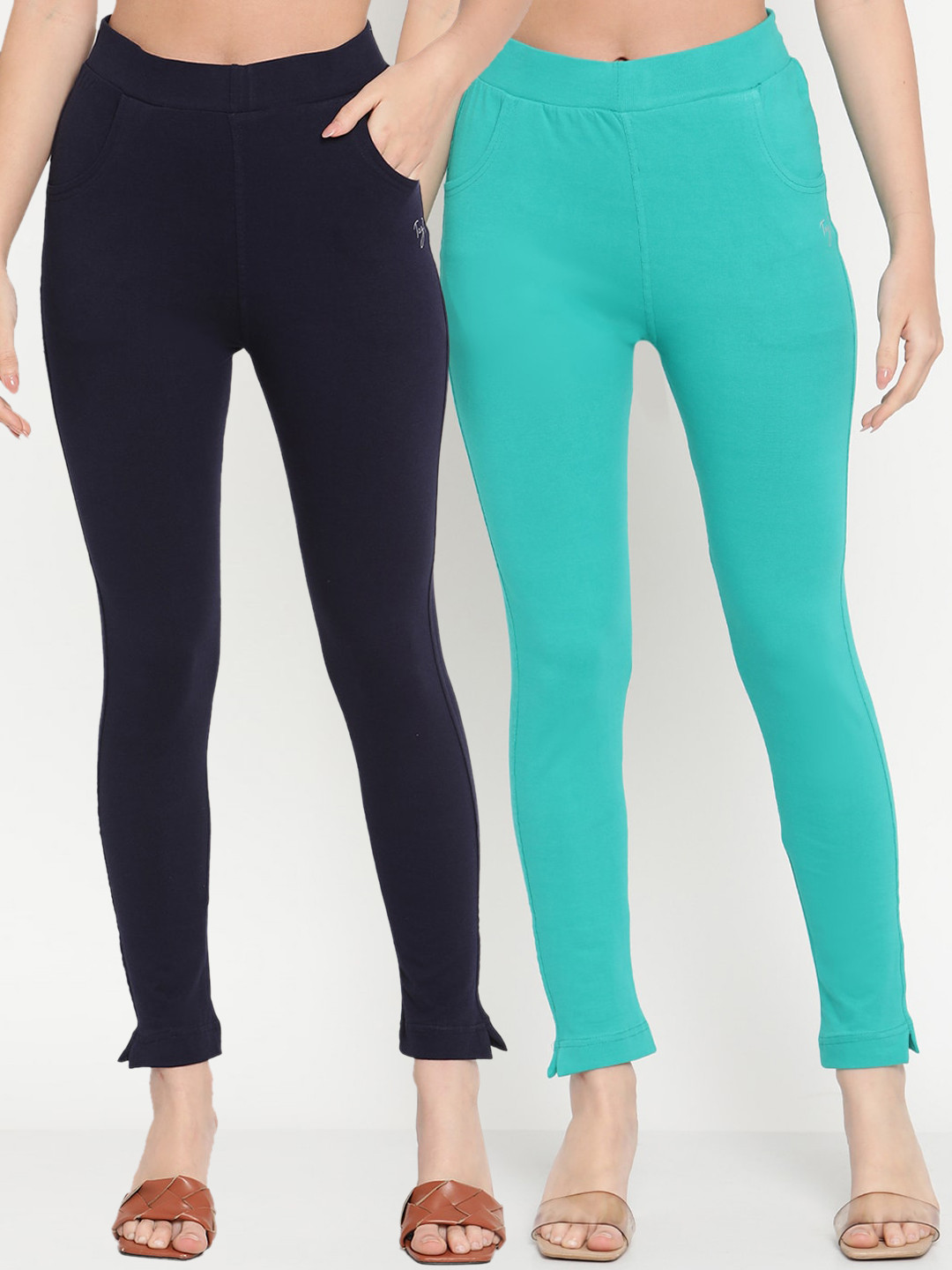 TAG 7 Women Turquoise Blue & Navy Blue Pack of 2 Straight Fit Ankle-Length Leggings