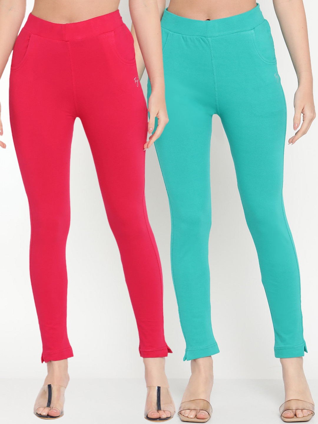 TAG 7 Women Set of 2 Turquoise Blue & Pink Ankle Length Leggings