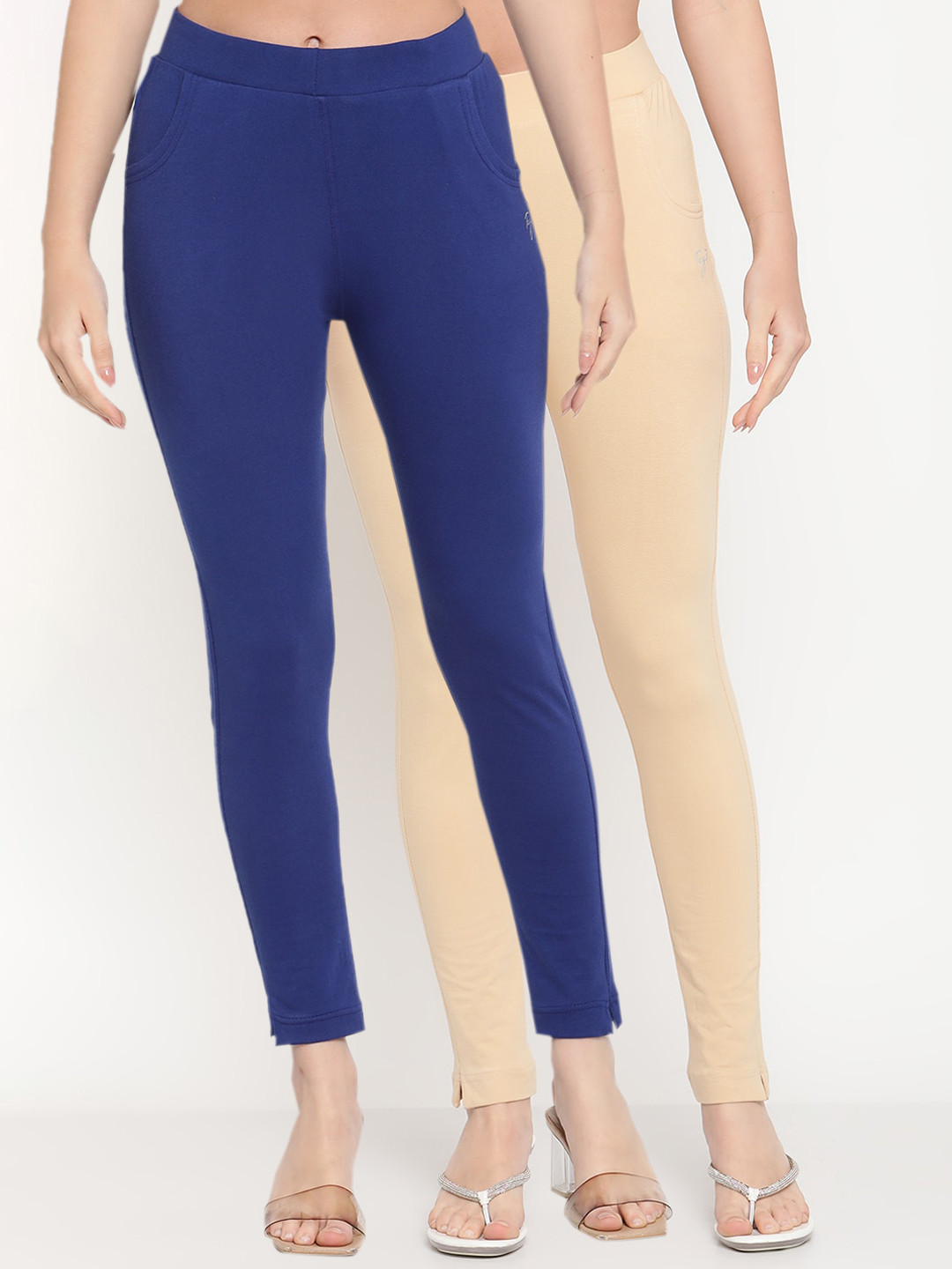 TAG 7 Women Pack of 2 Beige & Blue Solid Kurti Pants