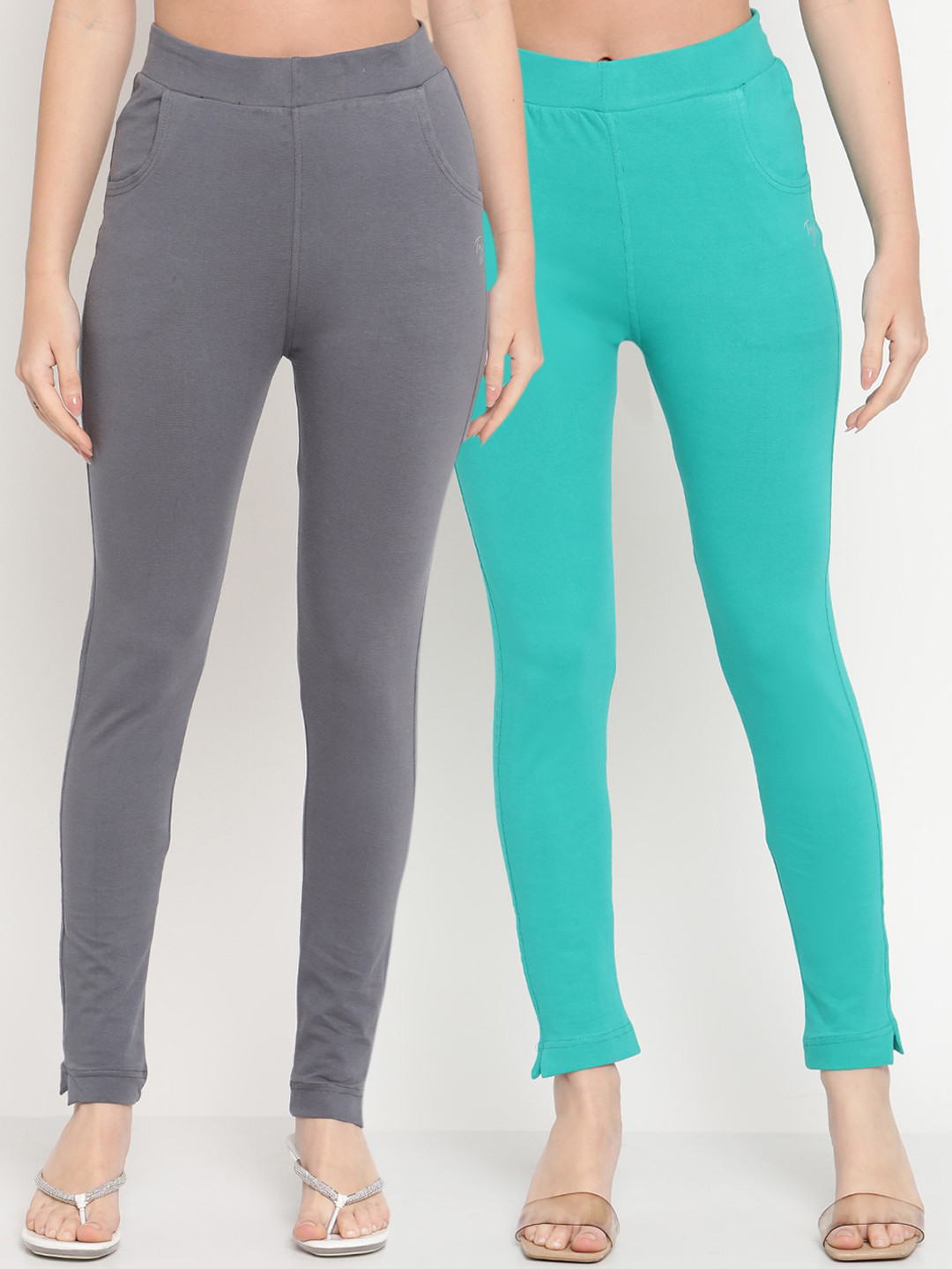 TAG 7 Women Turquoise Blue & Grey Pack of 2 Straight Fit Ankle-Length Leggings