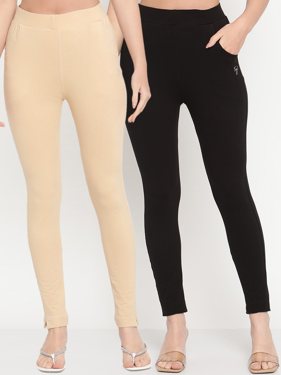 TAG 7 Women Beige & Black Pack Of 2 Solid Comfort-Fit Ankle-Length Leggings