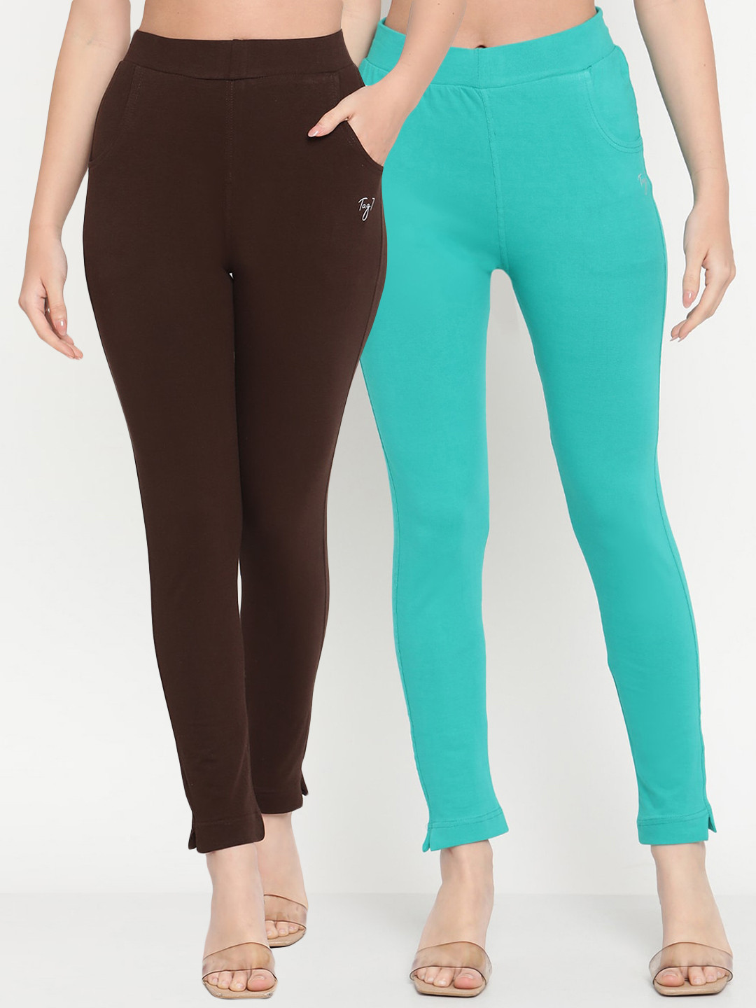 TAG 7 Women Pack of 2 Brown & Turquoise Blue Solid Kurti Pants