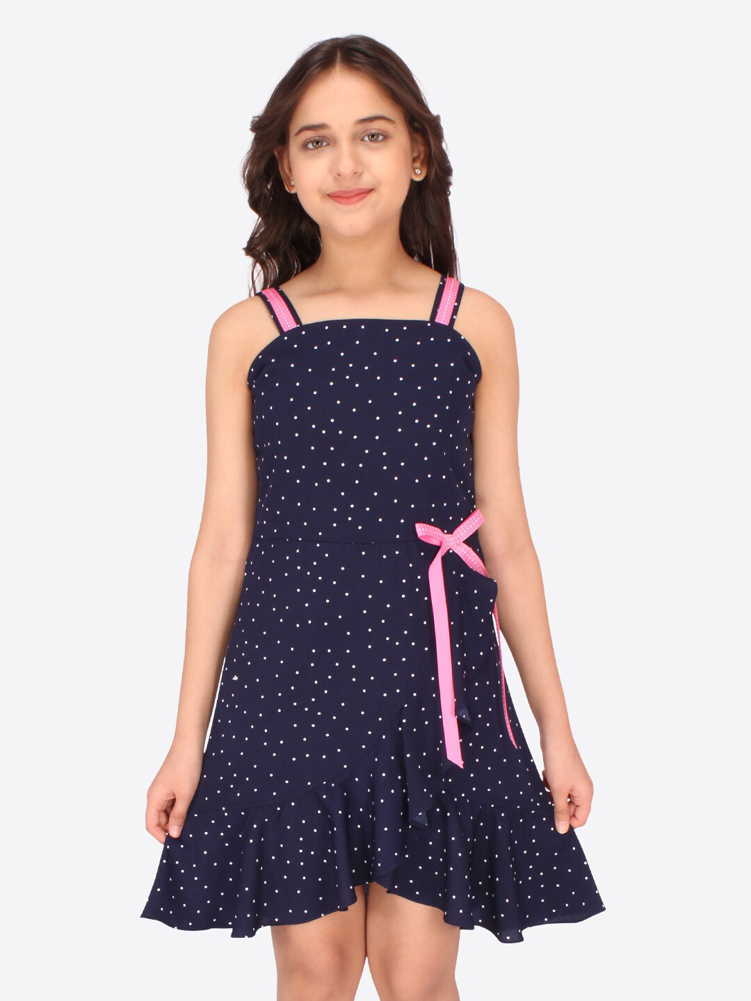 CUTECUMBER Girls Navy Blue Printed Georgette Fit & Flare Dress