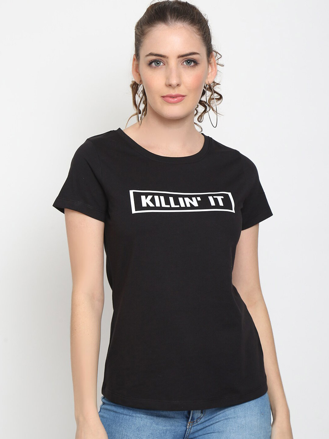 UnaOne Women Black & White Typography Printed Cotton Regular Fit T-shirt