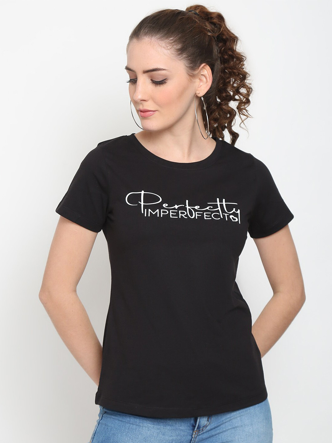 UnaOne Women Black Round Neck Regular Fit T-shirt