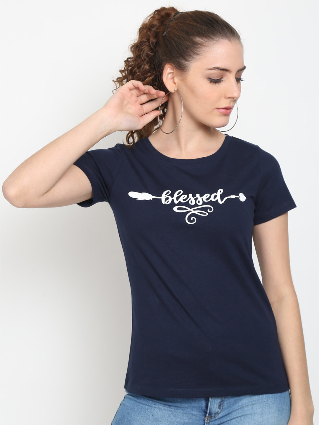 UnaOne Women Navy Blue Regular Fit T-shirt