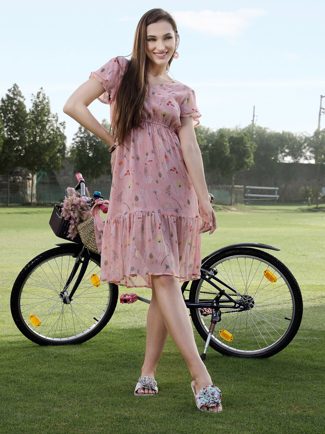 Sera Women Coral Floral Chiffon Dress