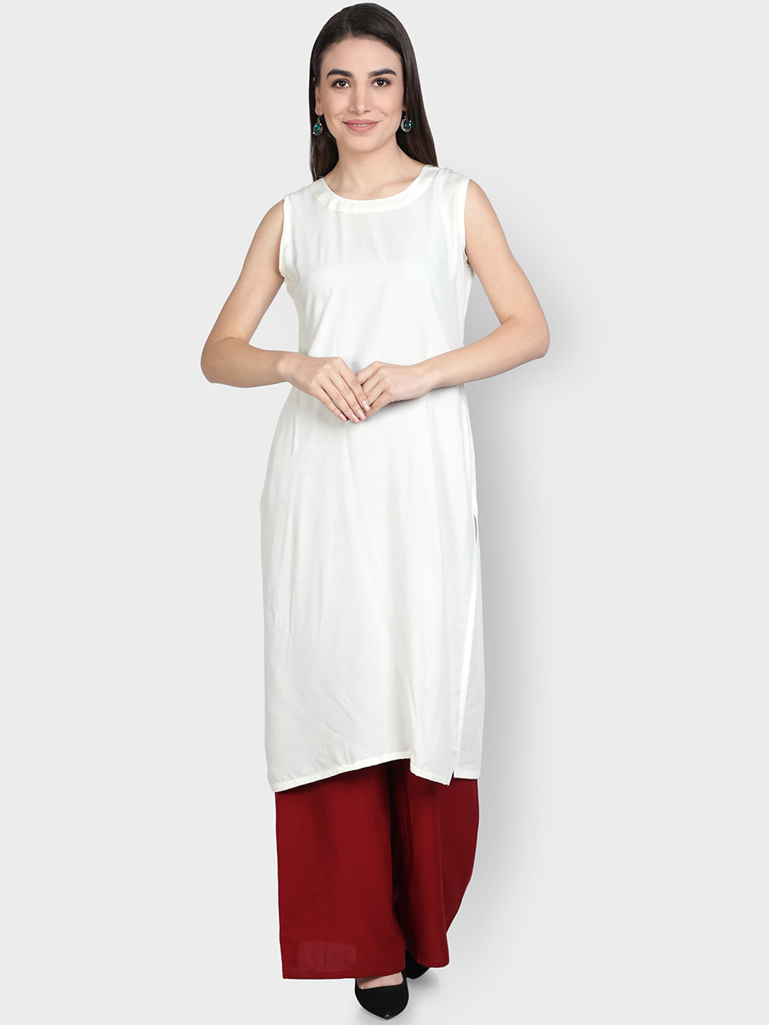 Fabclub Women White & Red Kurta With Palazzos & With Jacket