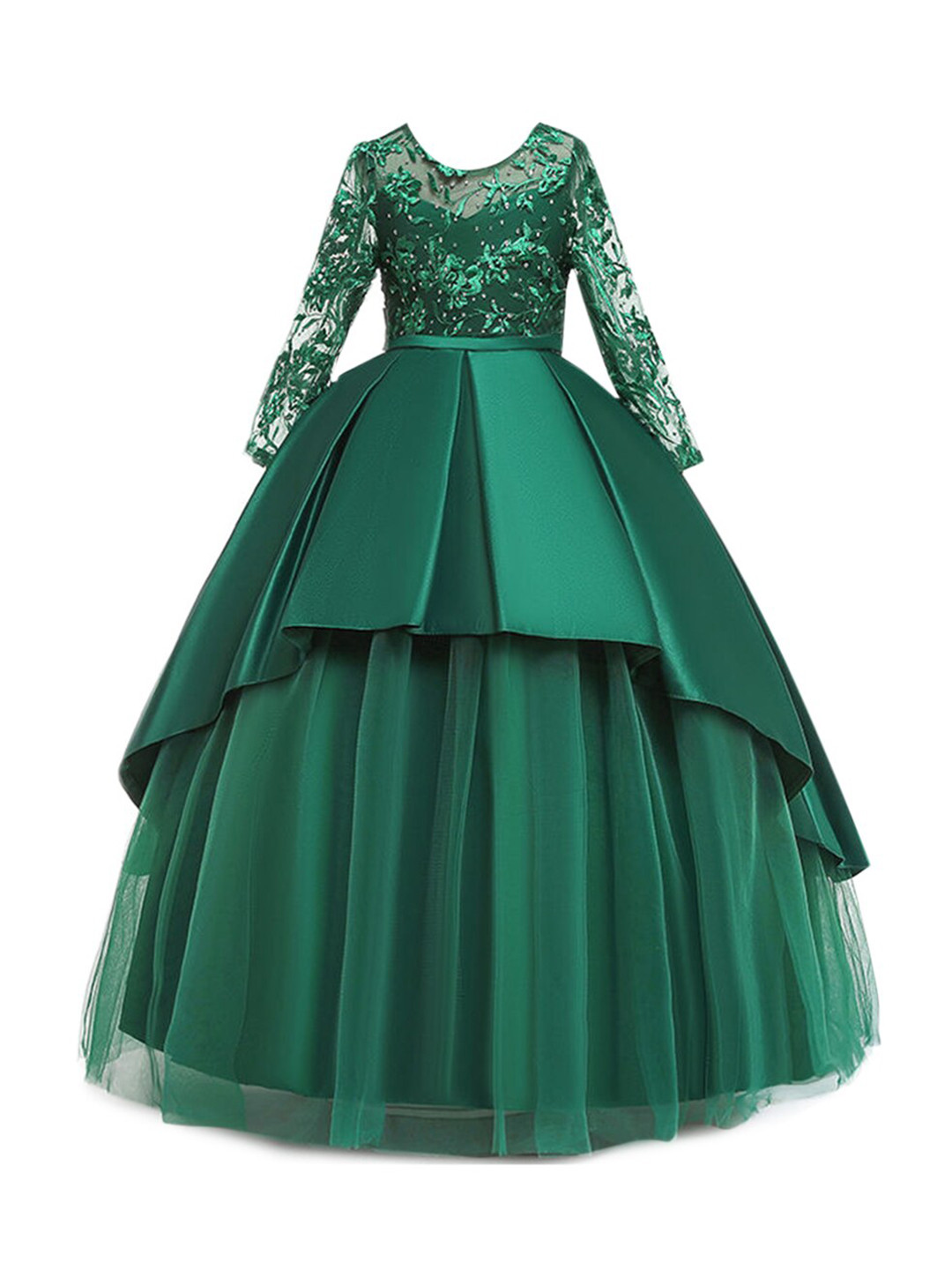 Hopscotch Green Floral Embroidered Maxi Gown Dress