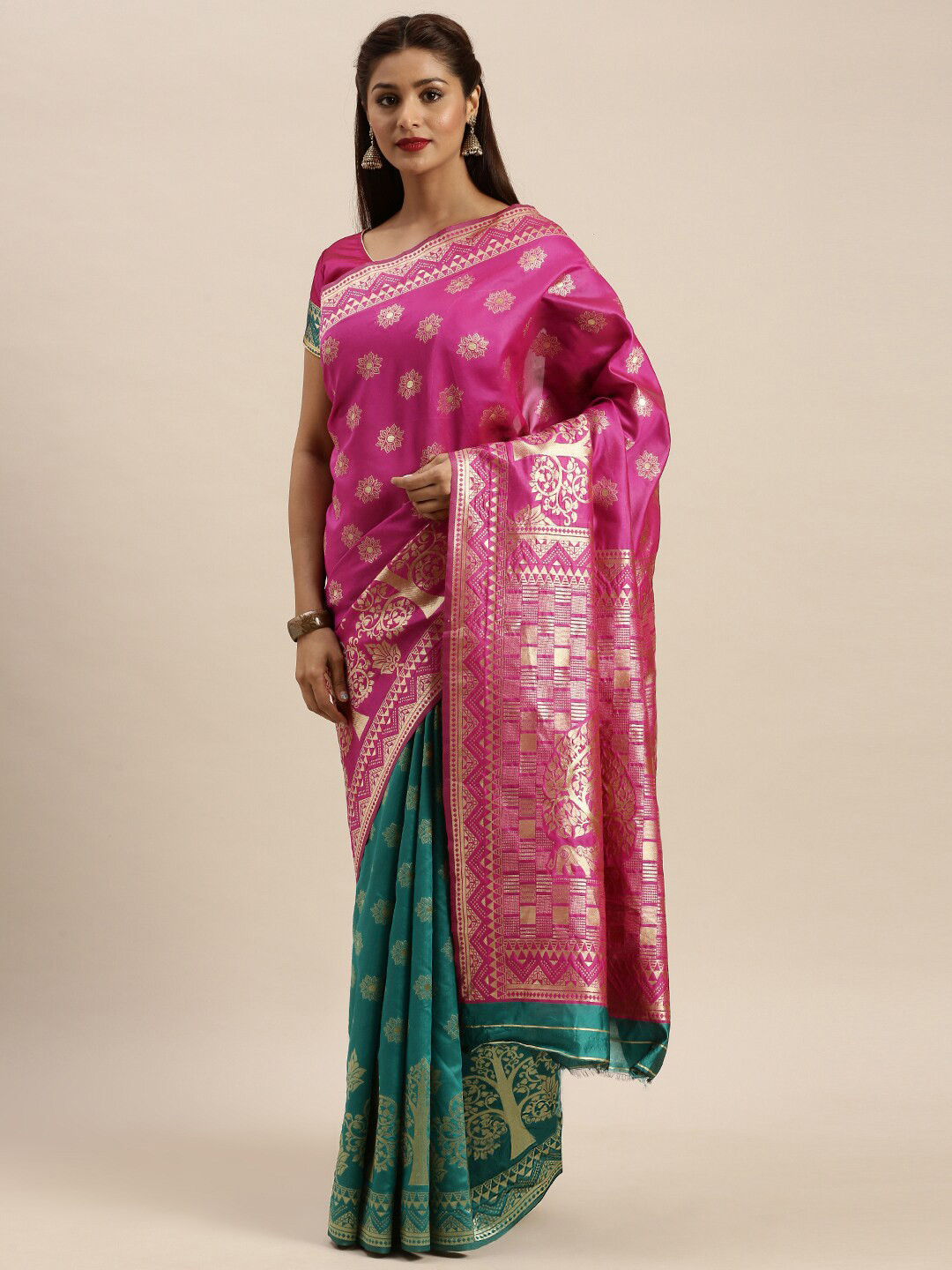 KALINI Pink & Green Ethnic Motifs Zari Silk Blend Half and Half Banarasi Saree