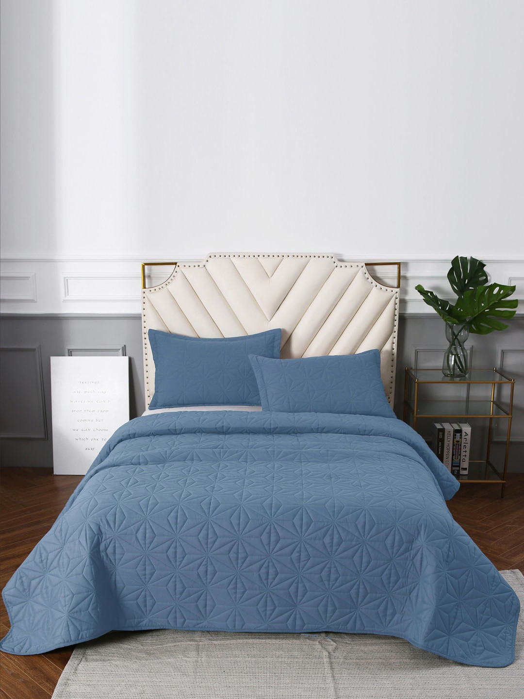 URBAN DREAM  Blue Solid Double Queen Size Quilted Bedcover With 2 Pillow Cover