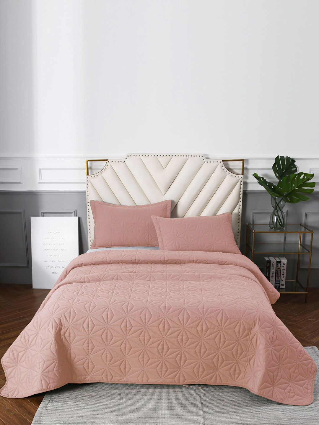 URBAN DREAM Pink Quilted Cotton Double Bedcover With 2 Pillow Cover