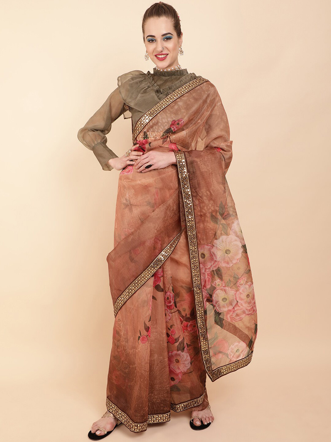 Sangria Women Brown & Olive Floral Printed Embellished Border Organza Sarees