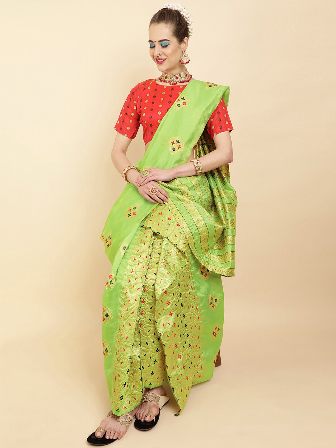 Sangria Green & Red Floral Zari Silk Blend Muga Saree