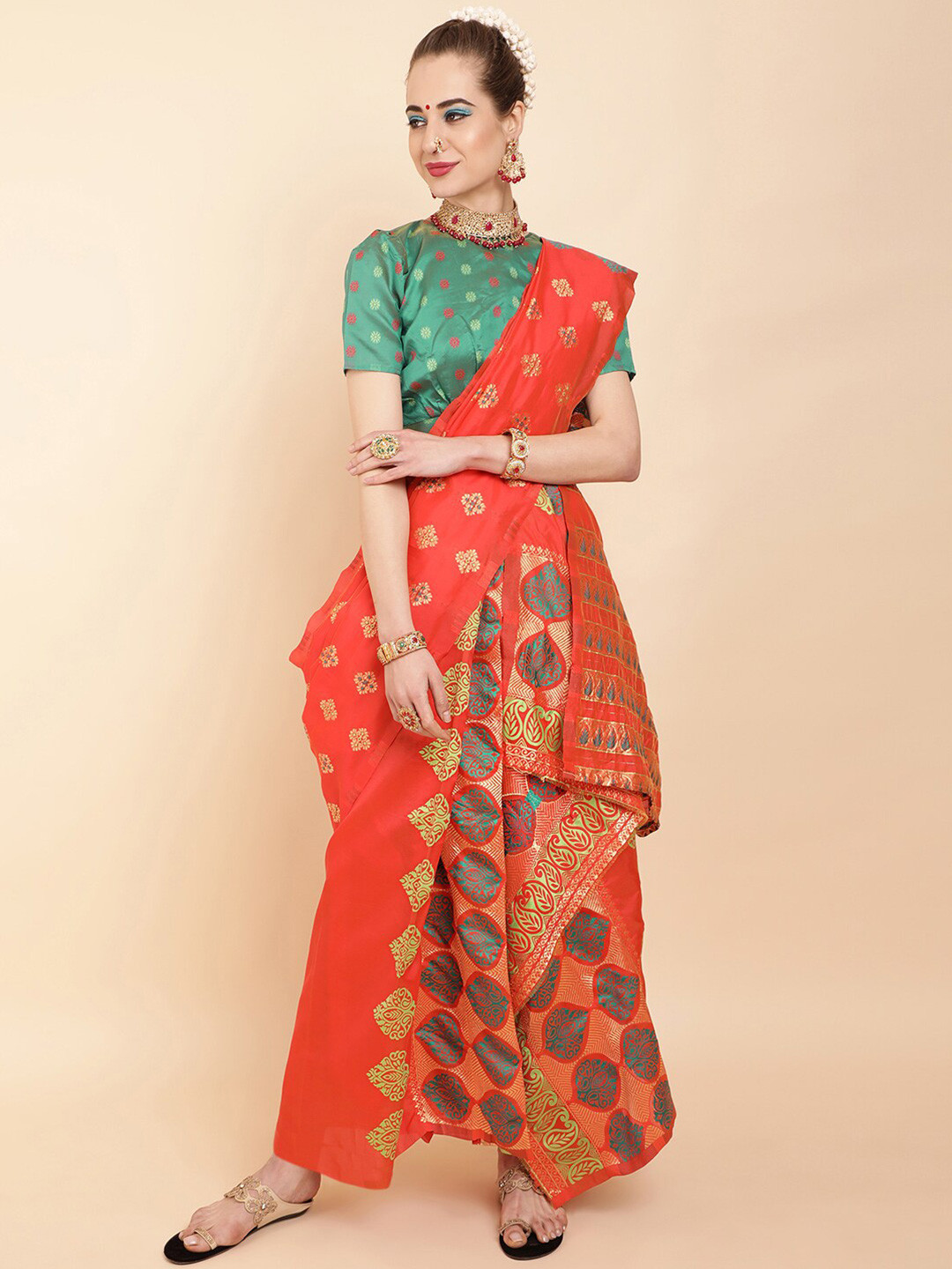 Sangria Orange & Green Ethnic Motifs Zari Silk Blend Muga Saree