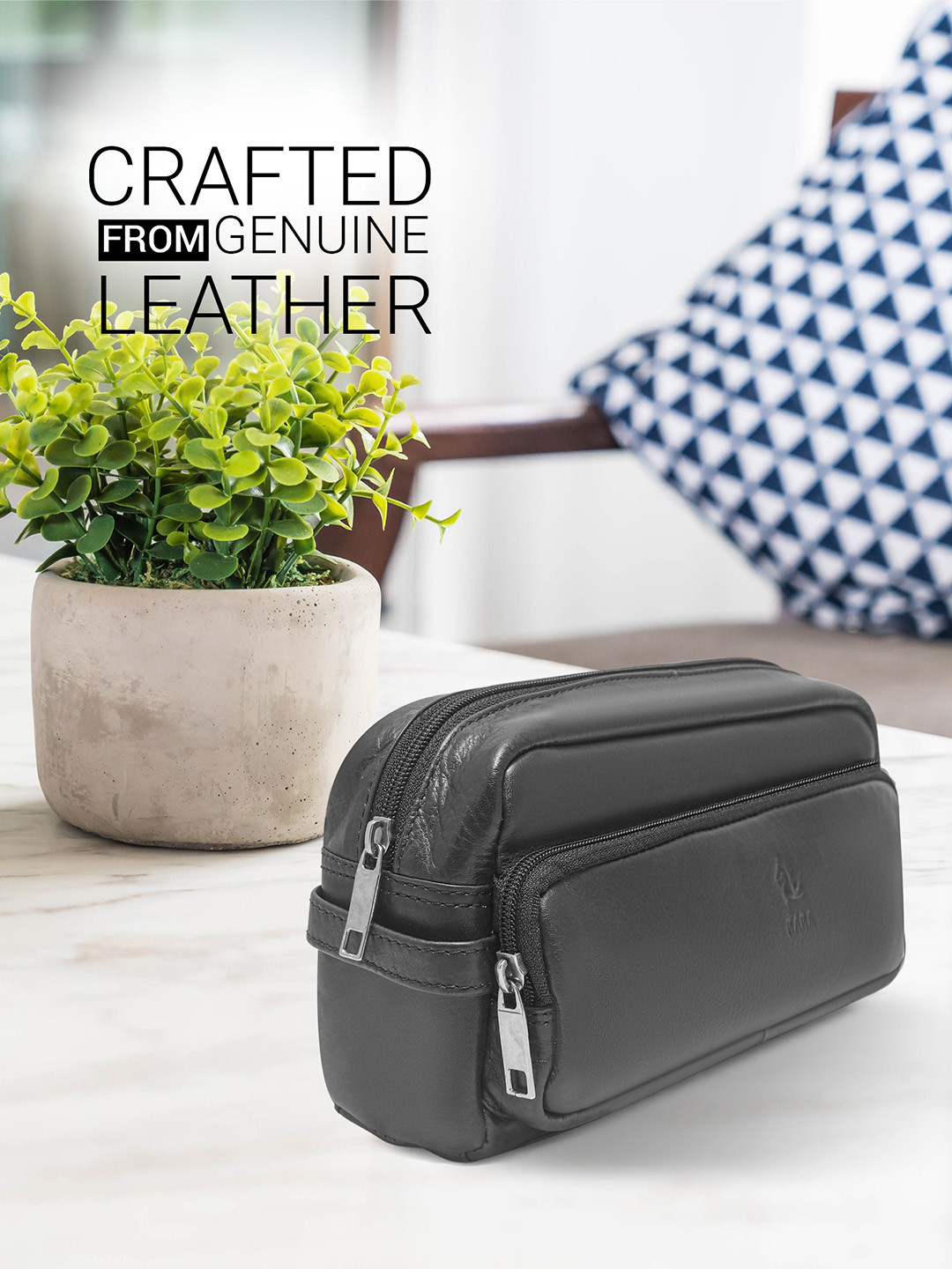 Kara Men Black Solid Leather Toiletry Bag