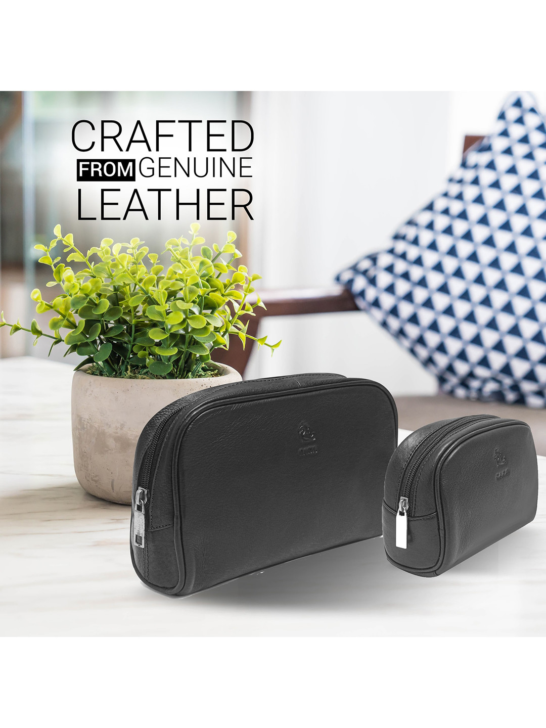 Kara Pack of 2 Black Leather Toiletry Bags Combo