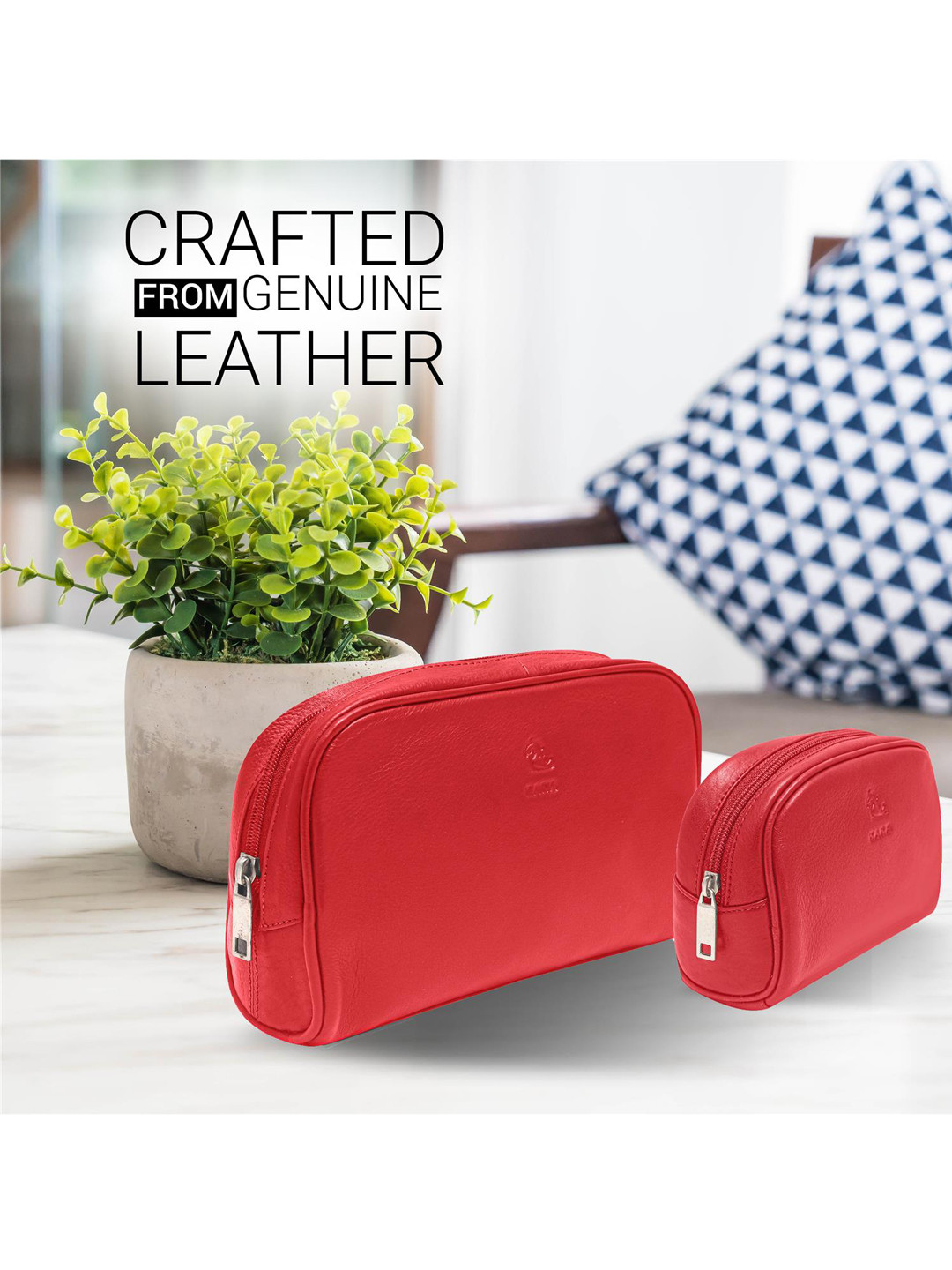 Kara Set of 2 Red Leather Toiletry Bags