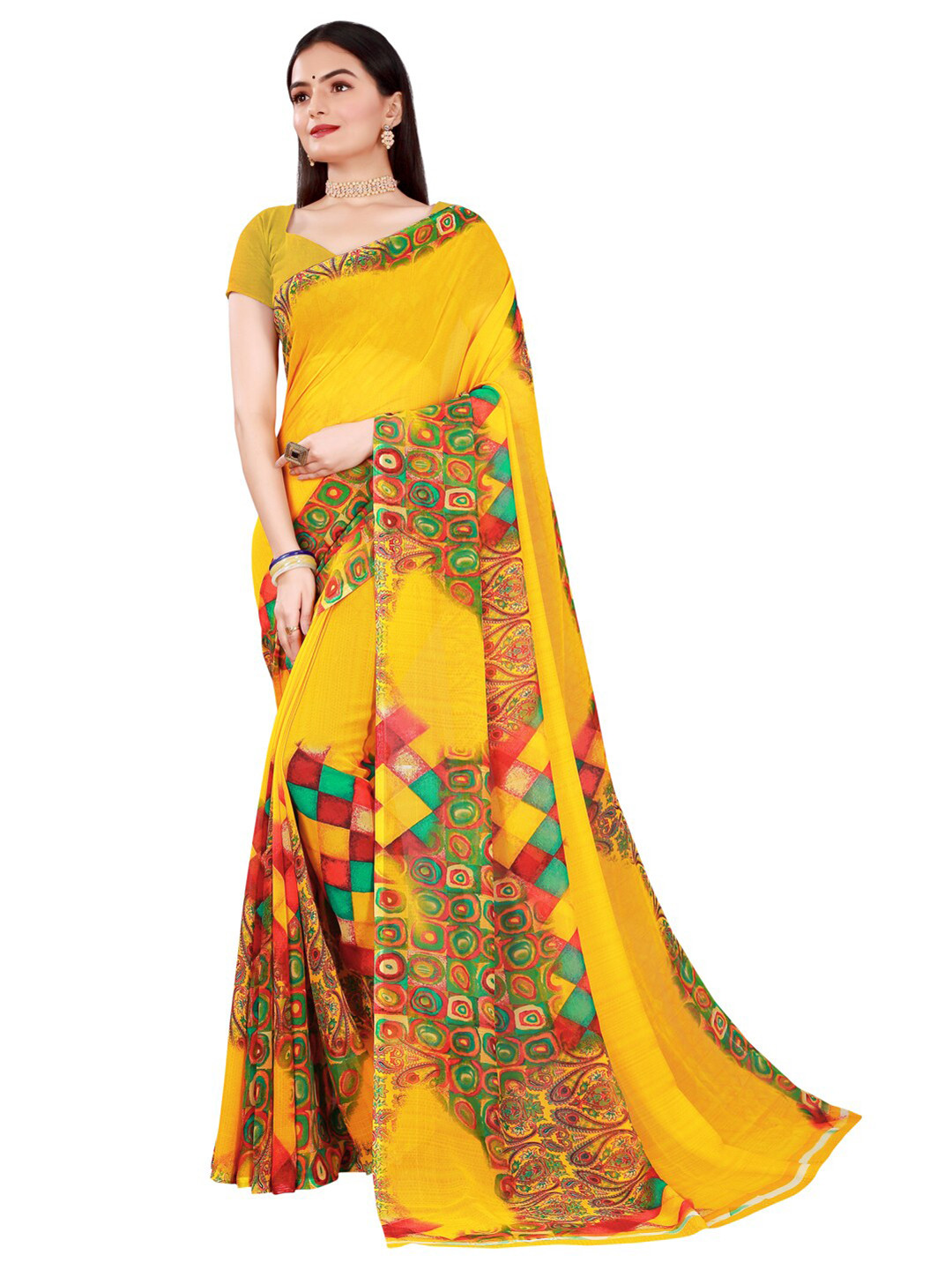 Florence Yellow & Pink Floral Pure Georgette Saree