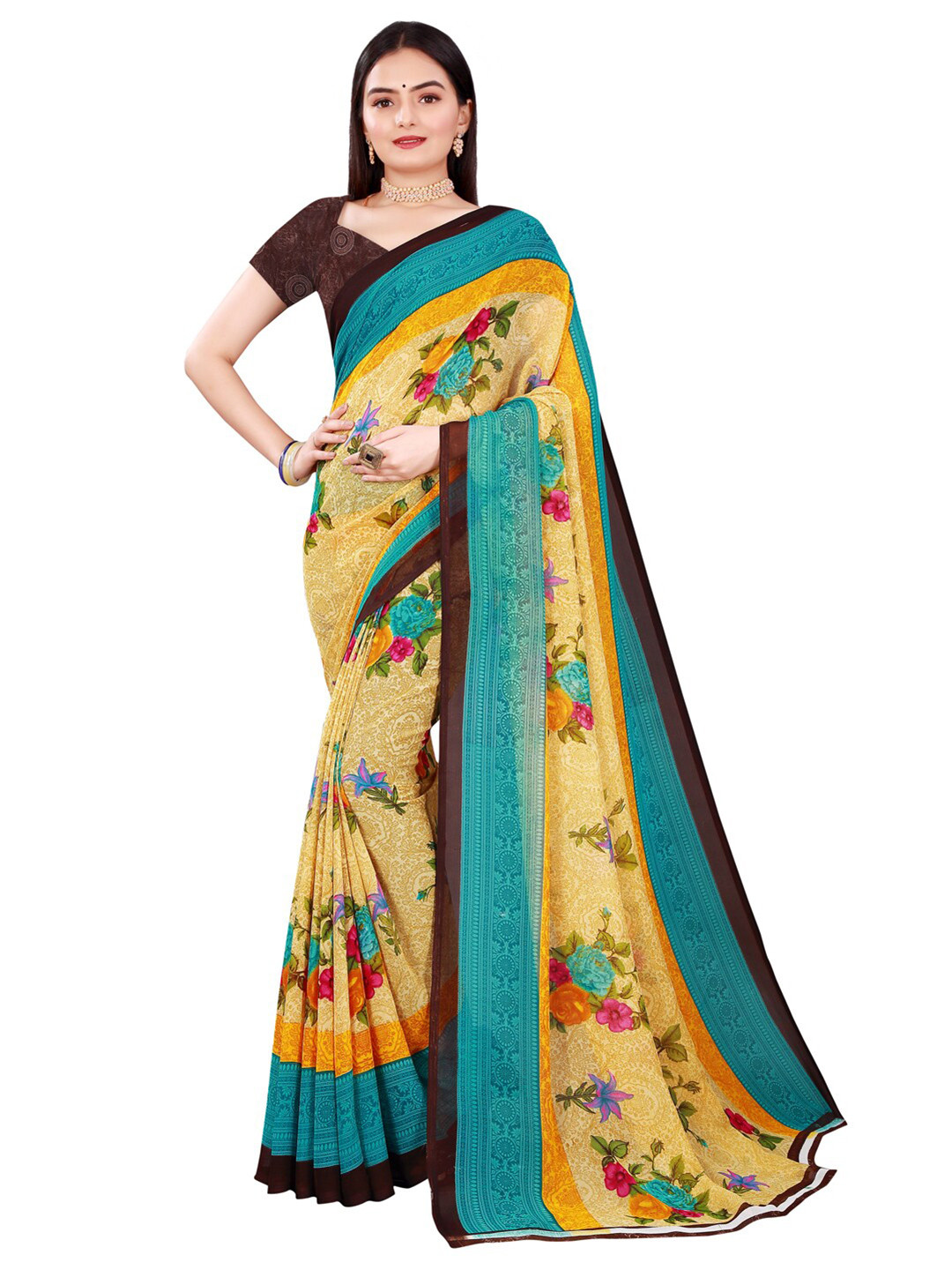 Florence Beige & Teal Green Floral Pure Georgette Saree