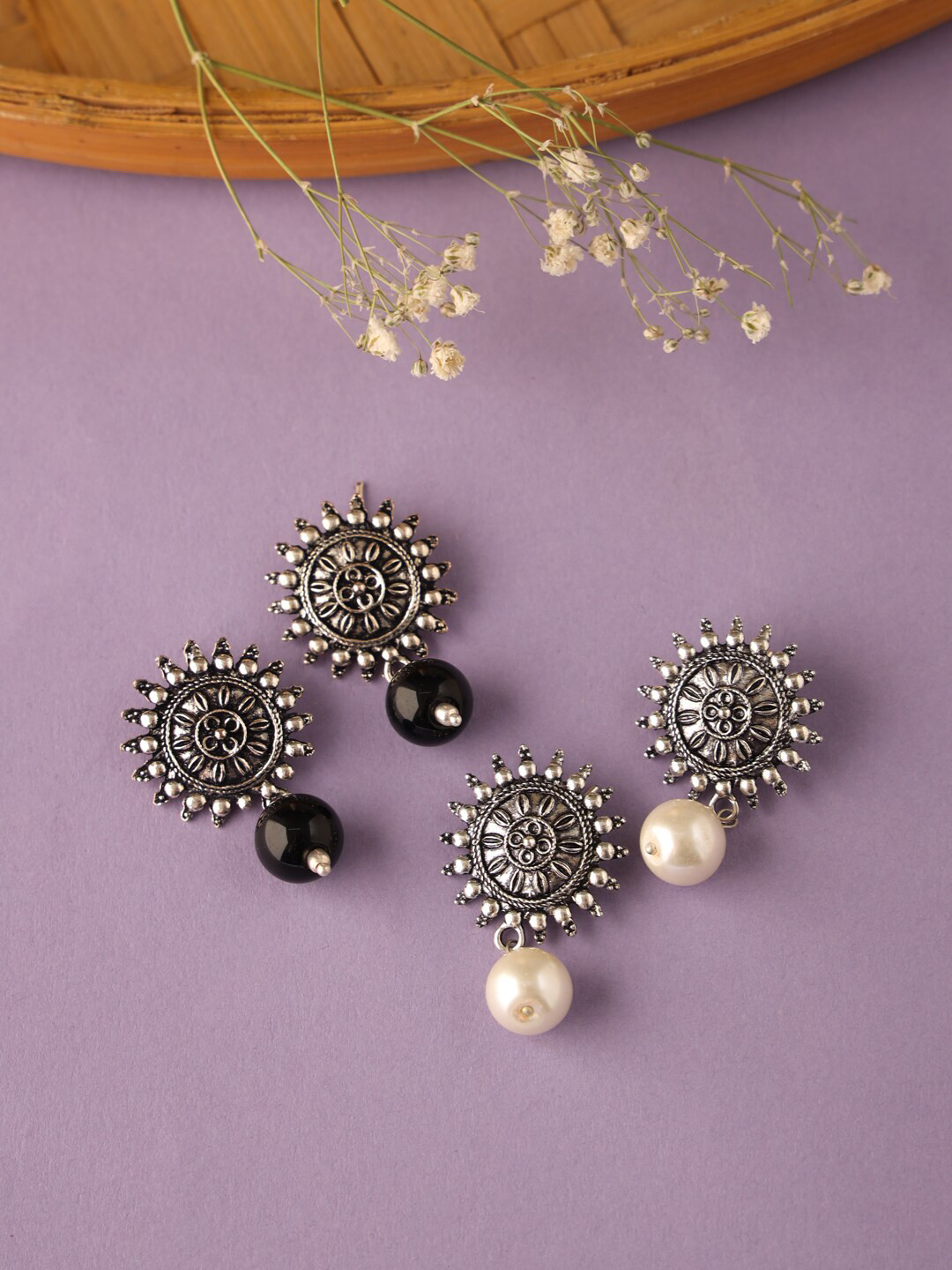 VIRAASI Silver-Toned Circular Oxidised Drop Earrings Pack Of 2