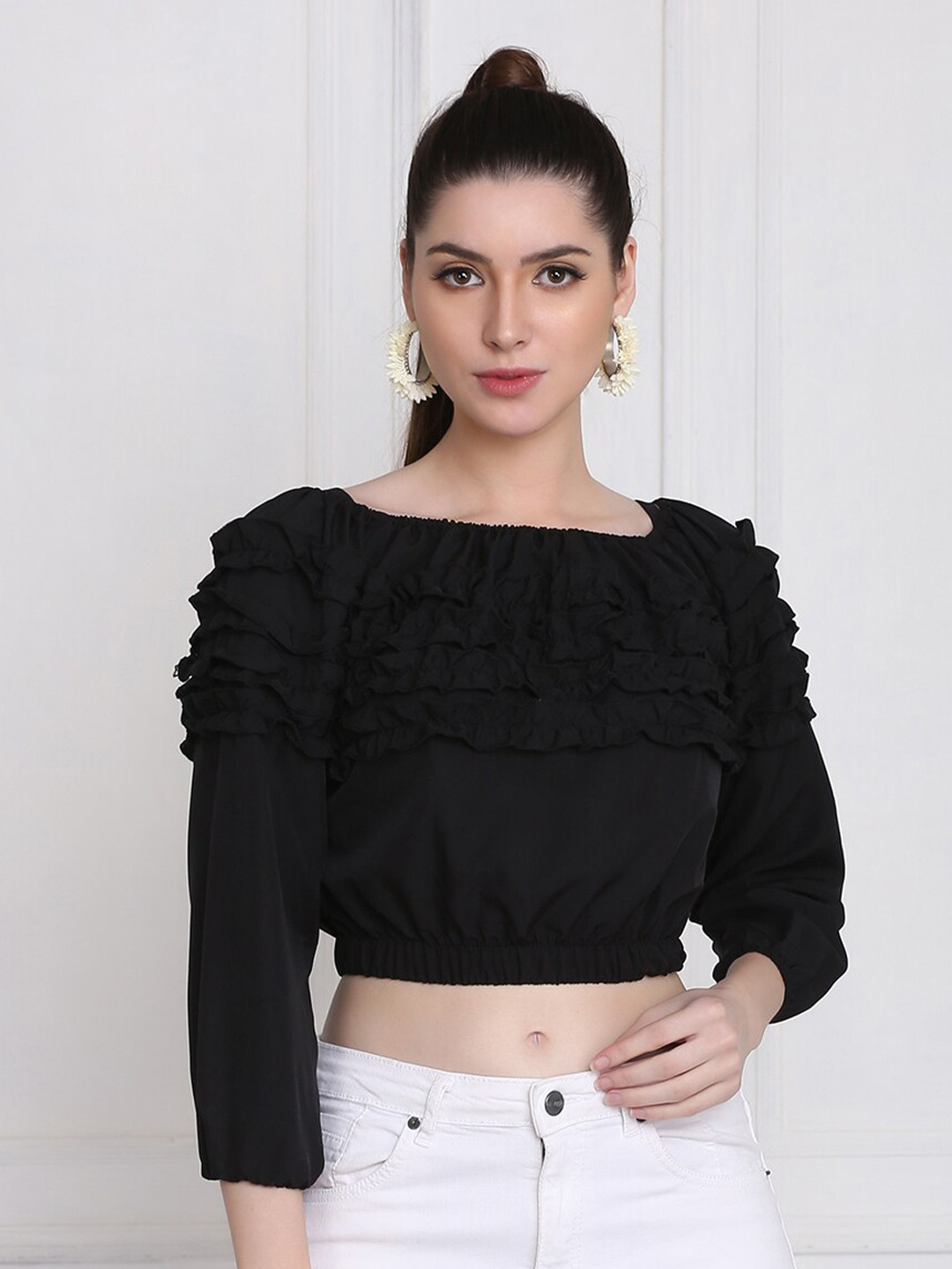 BUY NEW TREND Black Ruffles Blouson Crop Top