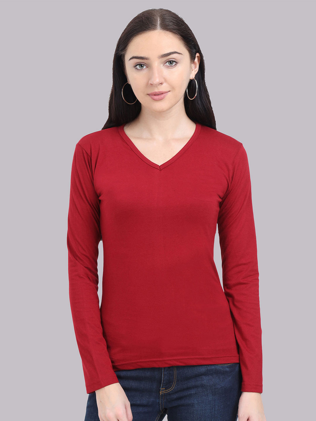 Fleximaa Women Maroon V-Neck T-shirt
