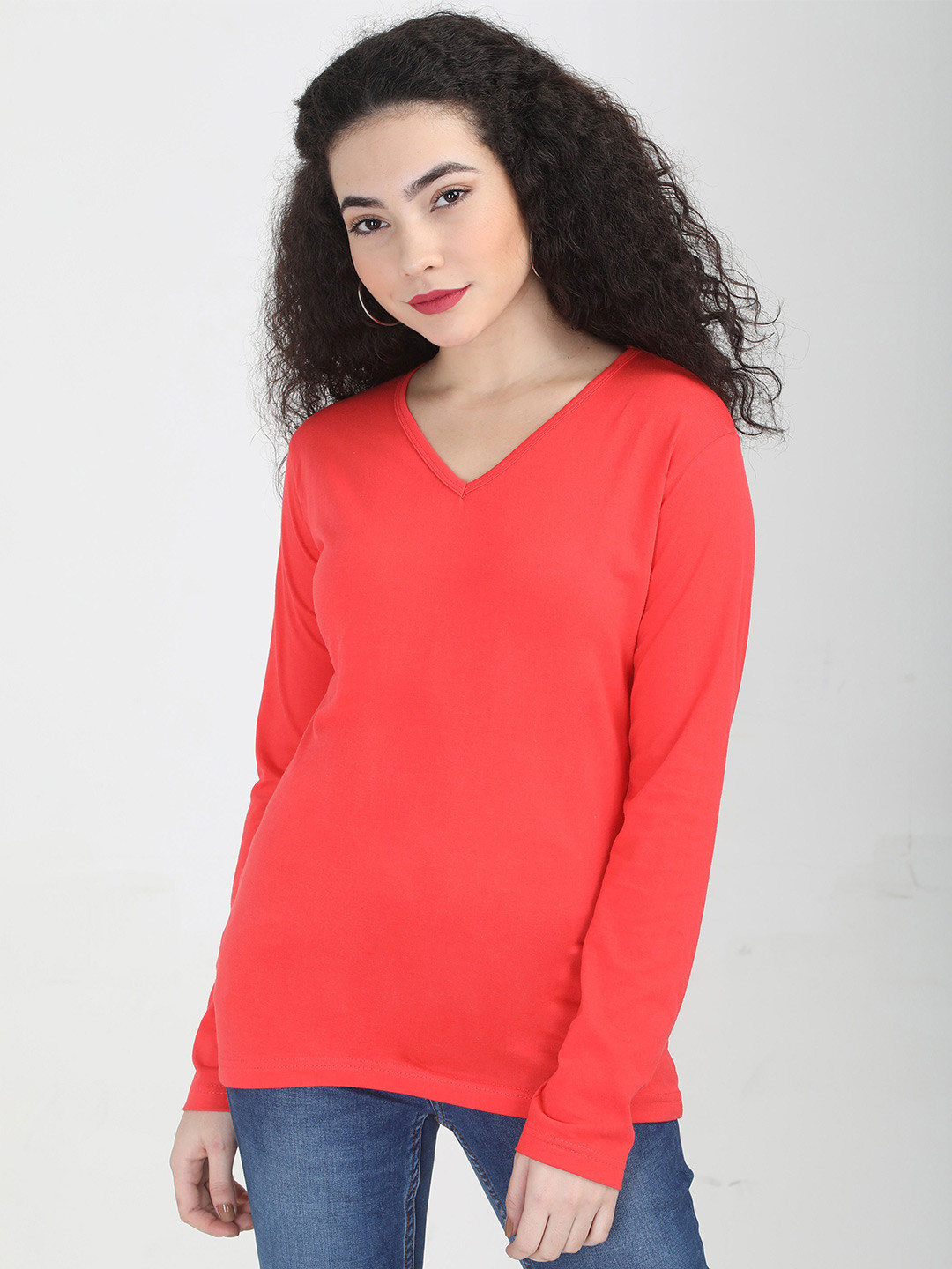 Fleximaa Women Coral V-Neck Full Sleeves Cotton T-shirt