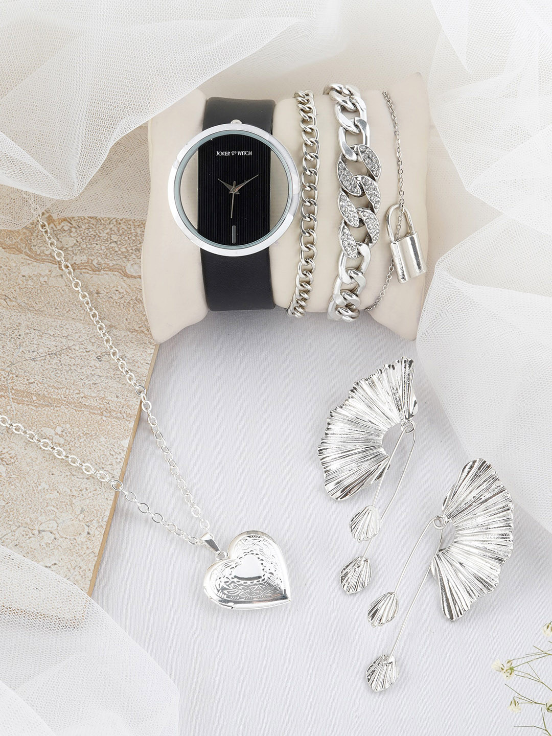 JOKER & WITCH Black & Silver-Toned Havelock Love Stack Watch & Jewellery Gift Set