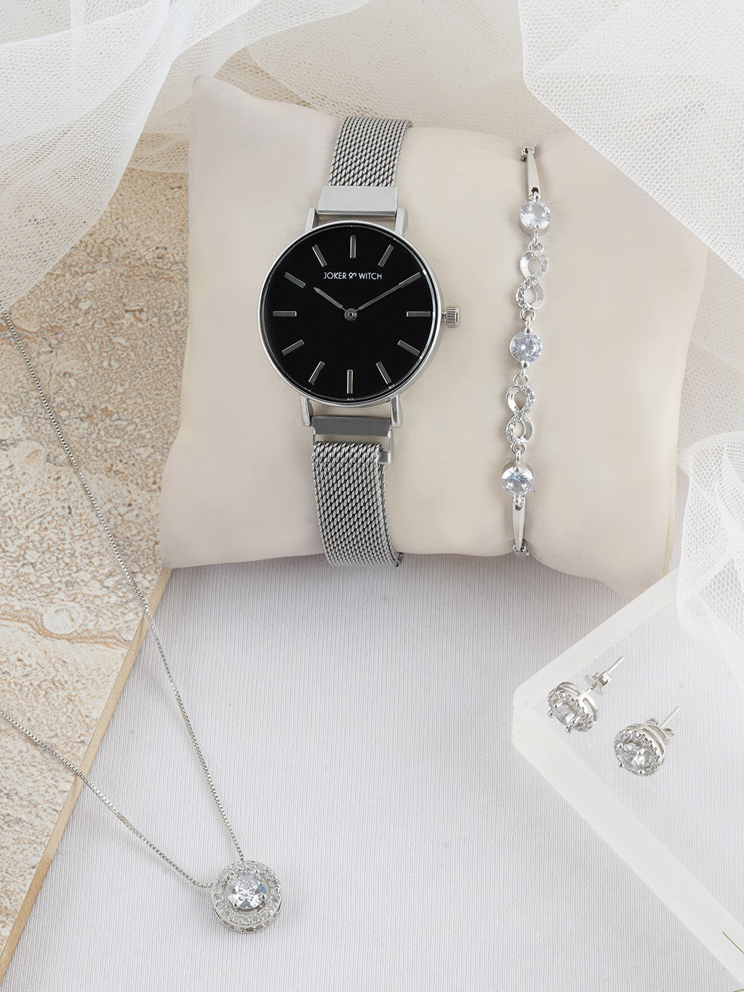 JOKER & WITCH Silver-Toned & Black Glacier  Love Stack Watch Gift Set