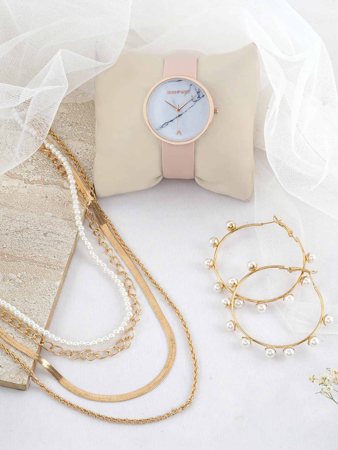 JOKER & WITCH Women Gold-Toned & Pink Faux Pearl-Beaded Watch Gift Set JWLS397