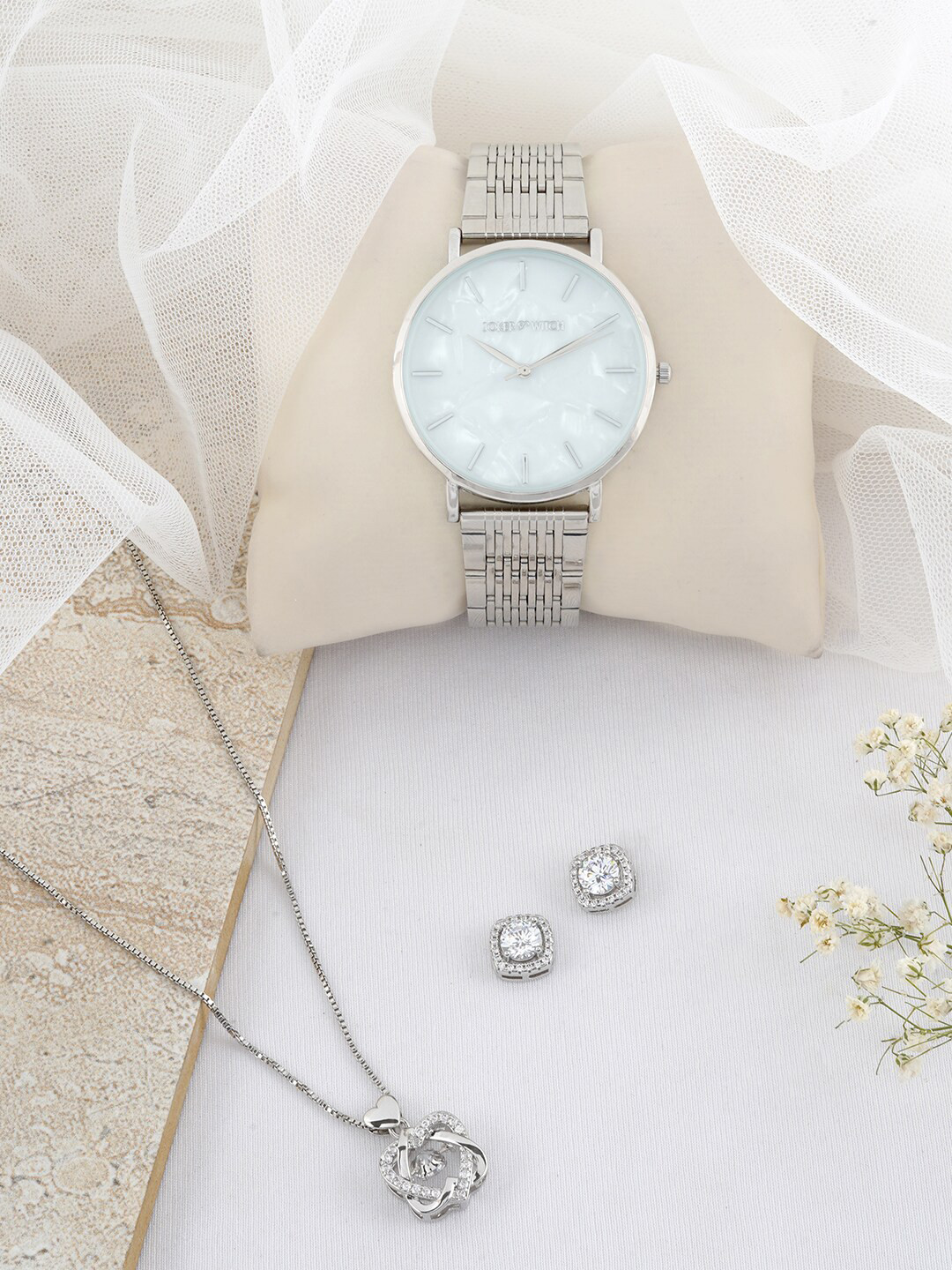 JOKER & WITCH Silver-Toned & White Rhinestone-Studded Watch Gift Set