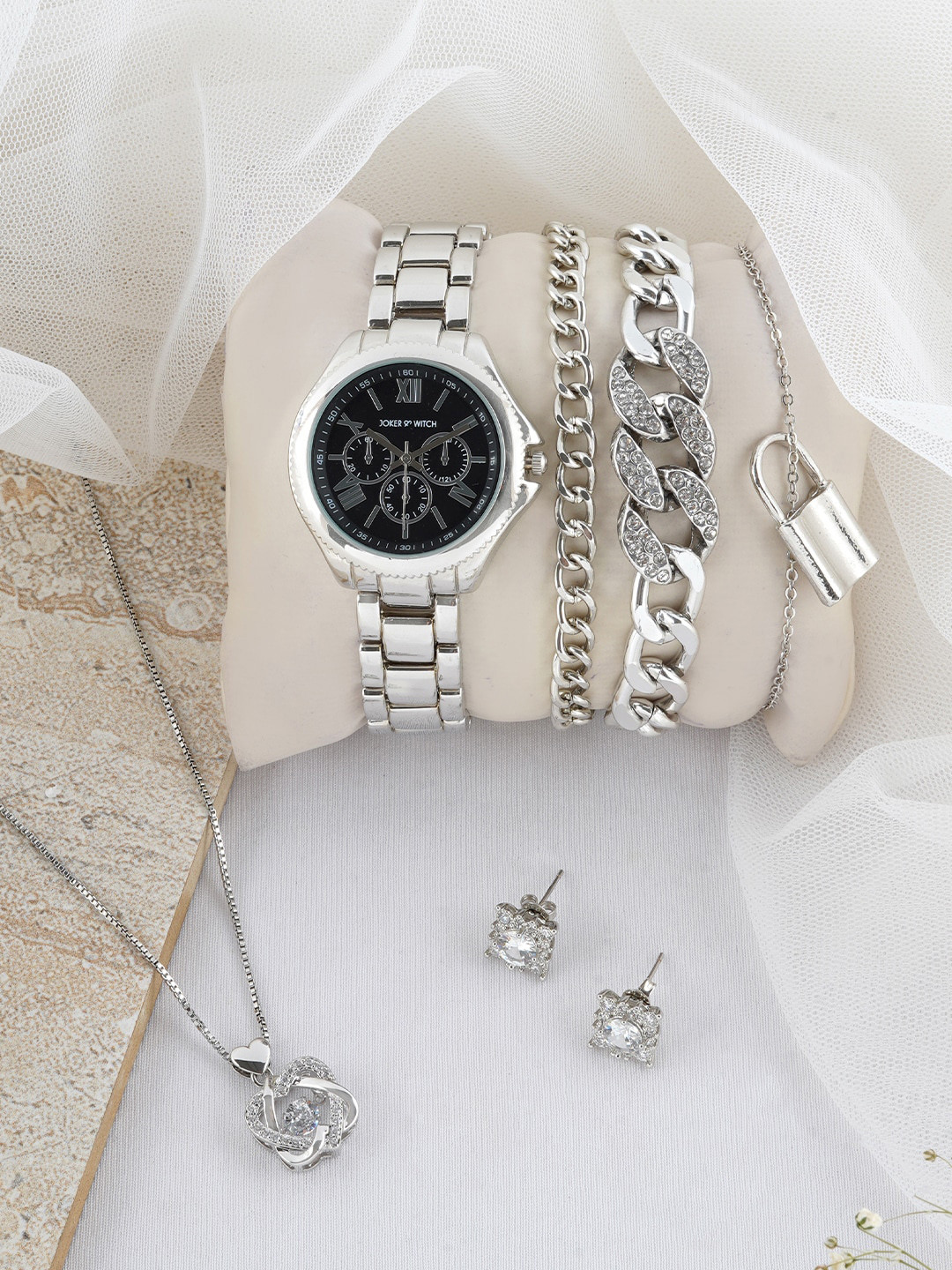 JOKER & WITCH Silver-Toned & White Rhinestone-Studded Watch Gift Set JWLS460