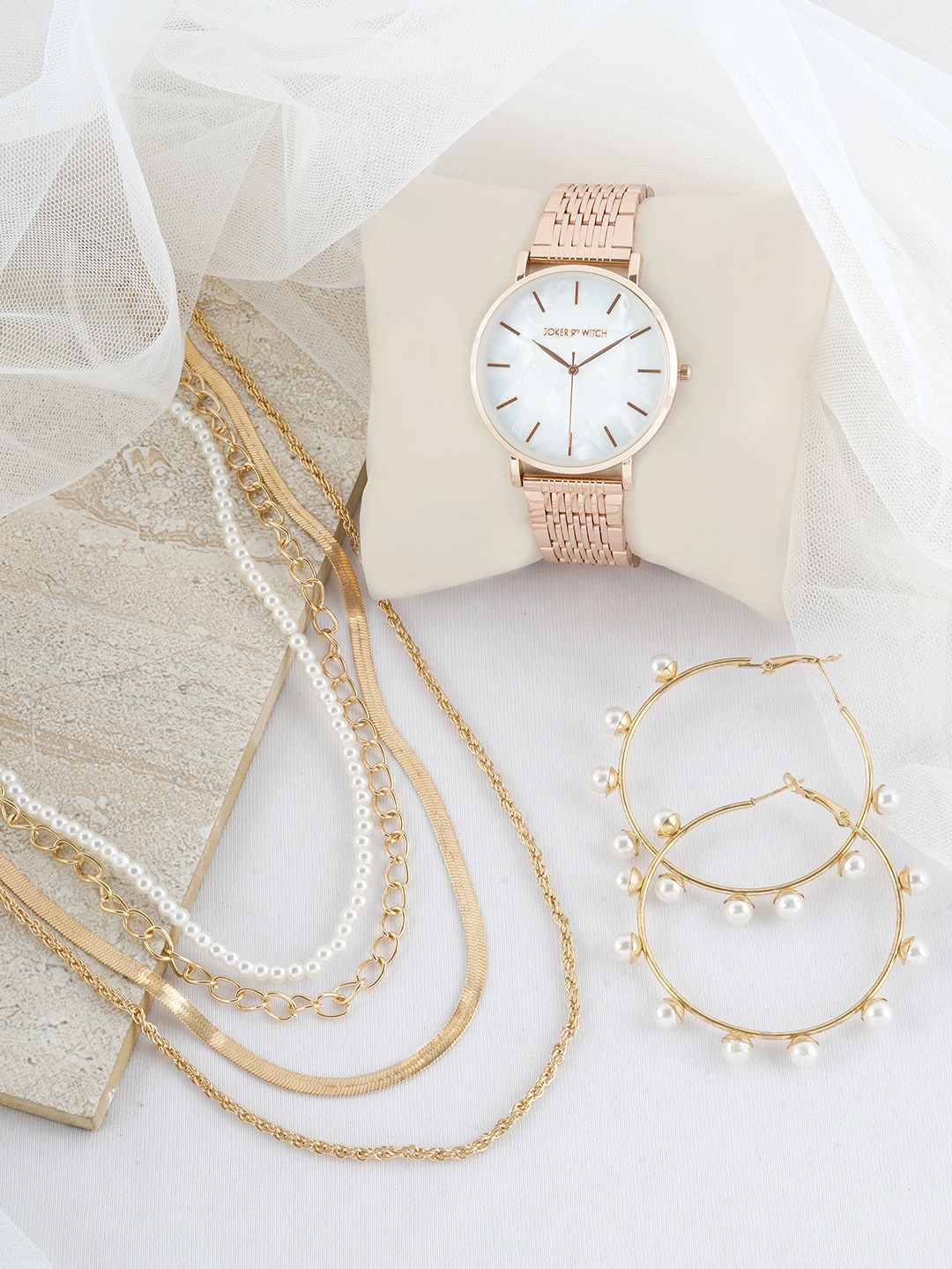 JOKER & WITCH Rose Gold-Toned & White Serene Rose Gold Love Stack Watch Gift Set