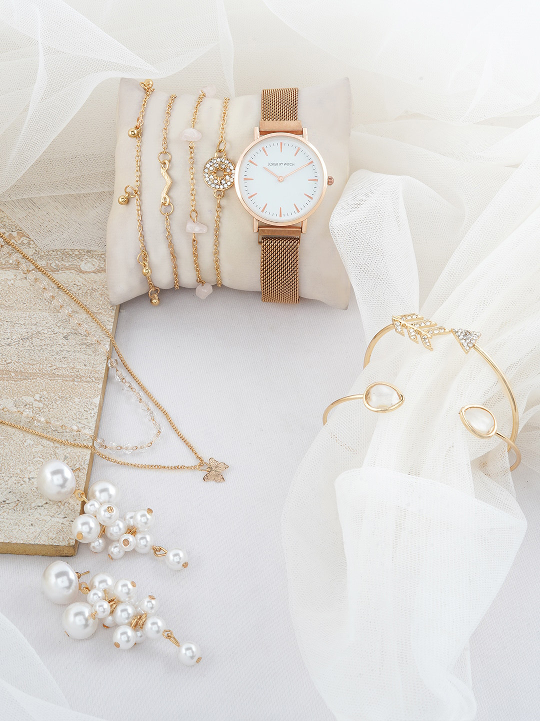 JOKER & WITCH Women Rose Gold-Toned Magic Love Stack Watch Gift Set