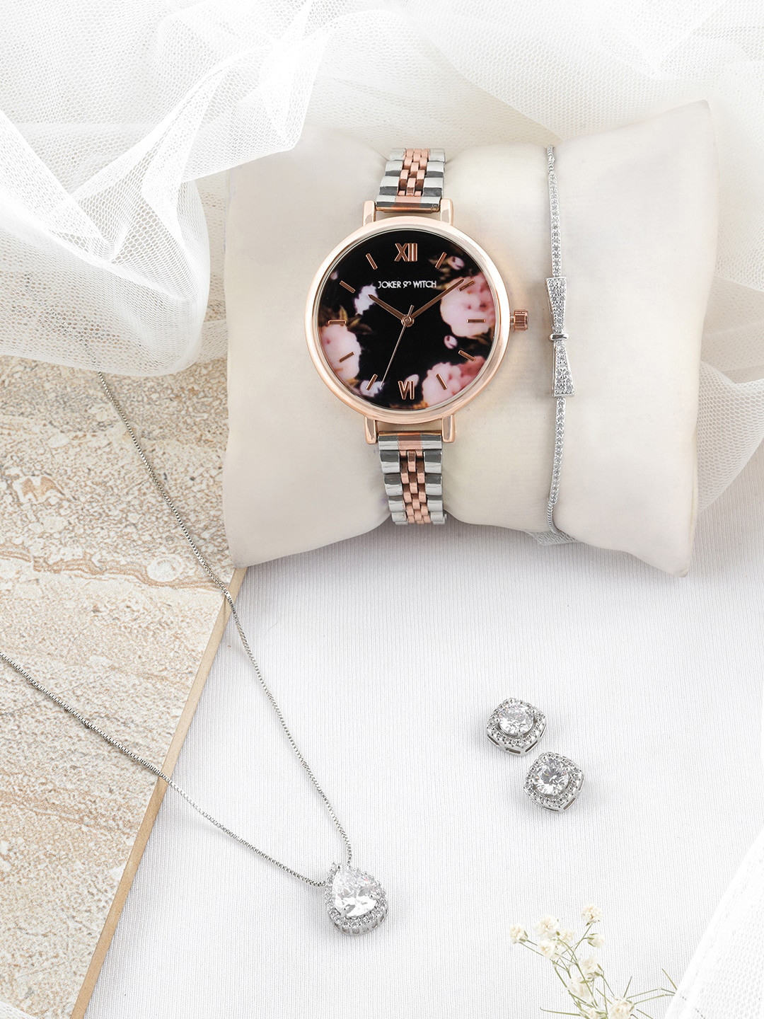 JOKER & WITCH Rose Gold & White Stone-Studded Floral Love Stack Watch Gift Set JWLS380