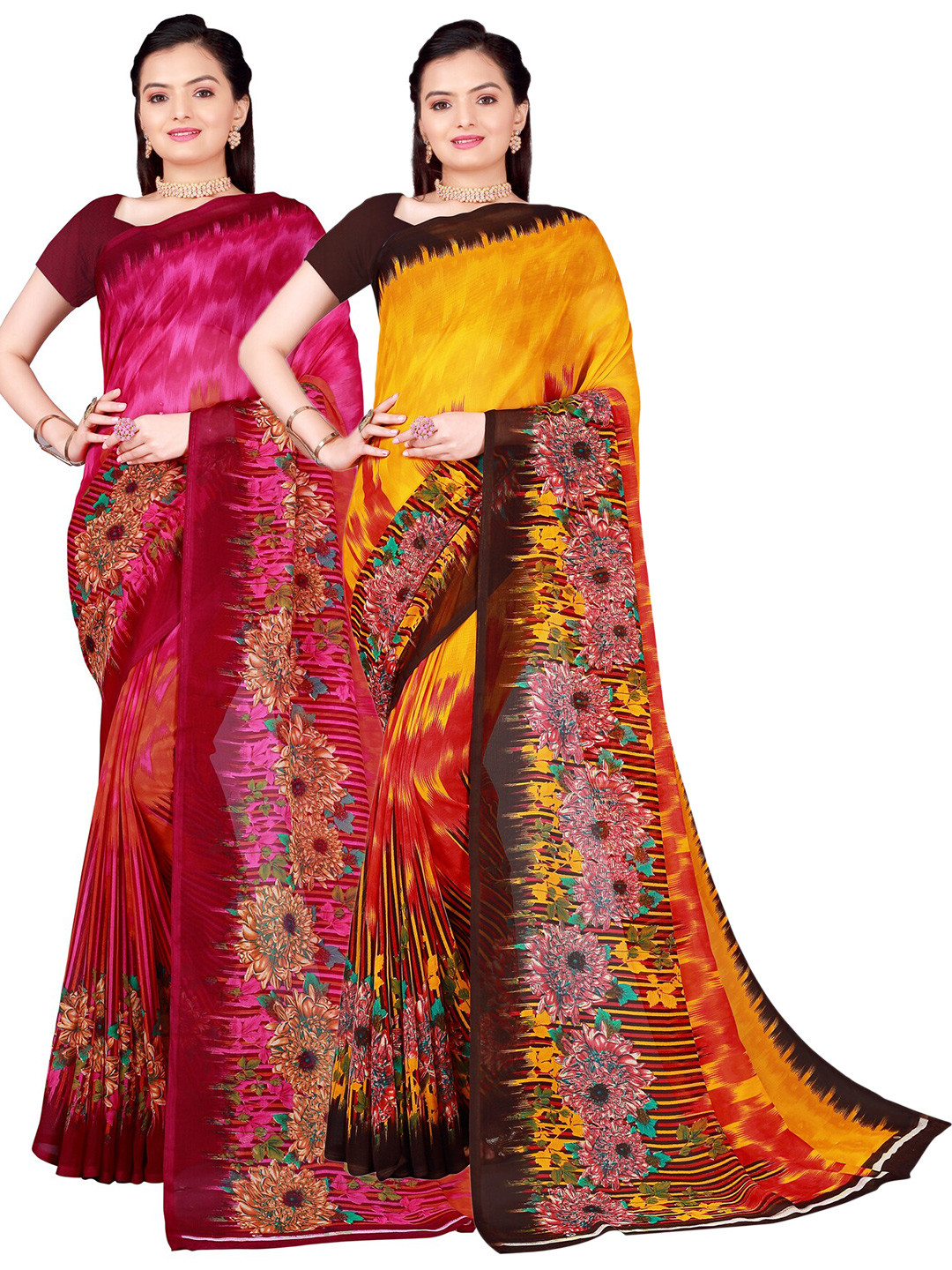 Florence Pink & Mustard Floral Pure Georgette Saree Pack Of 2
