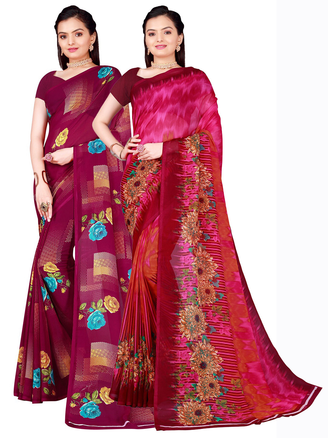 Florence Pack Of 2 Pink & Burgundy Pure Georgette Sarees
