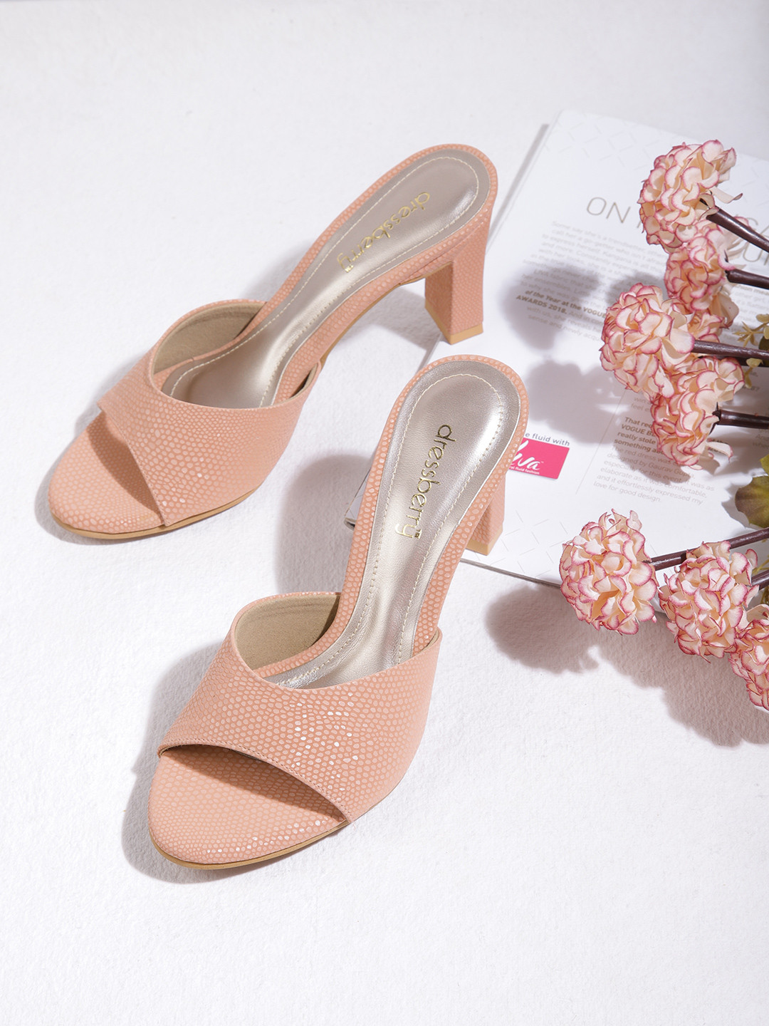 DressBerry Peach-Coloured Snakeskin Textured Handcrafted Block Heels