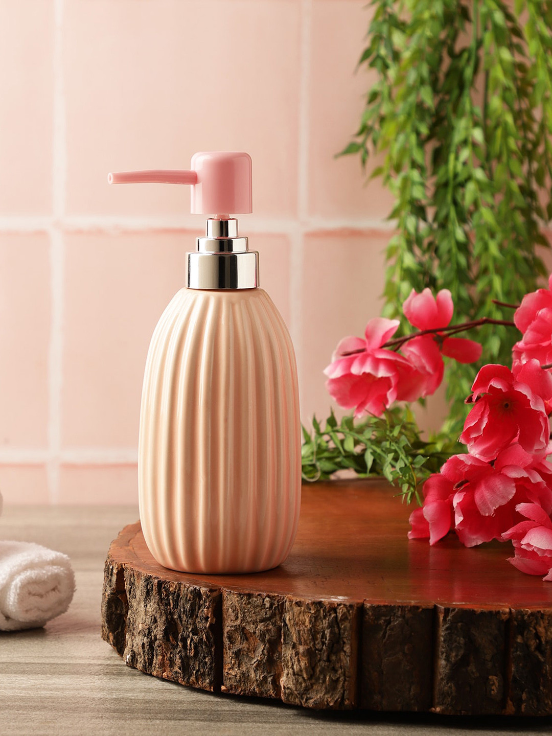 The Decor Mart Pink Textured Ceramic Soap Dispenser