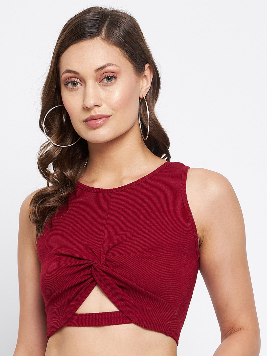 LE BOURGEOIS Maroon Ribbed Cut-Out Fitted Crop Top