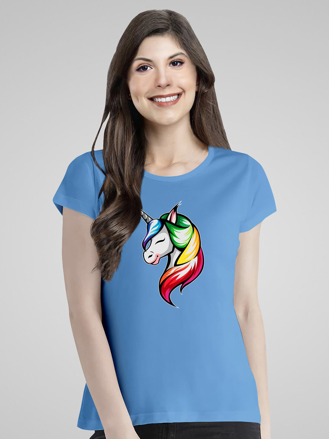 Pootlu Women Blue Unicorn Printed Cotton T-shirt