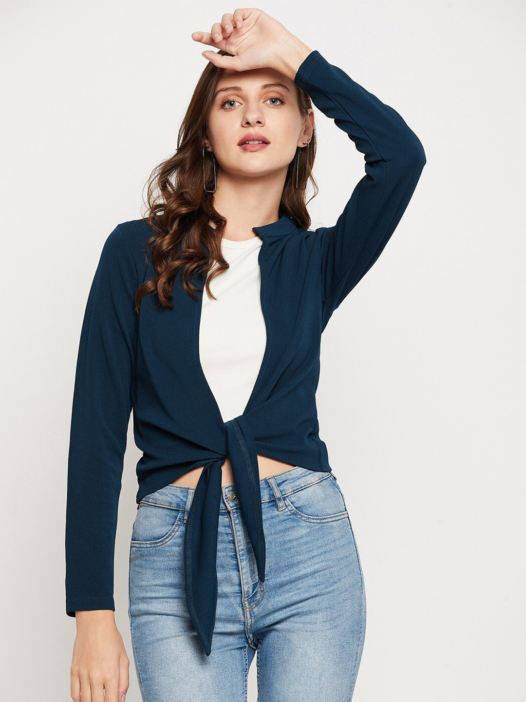 LE BOURGEOIS Women Teal Blue Tie-Up Shrug