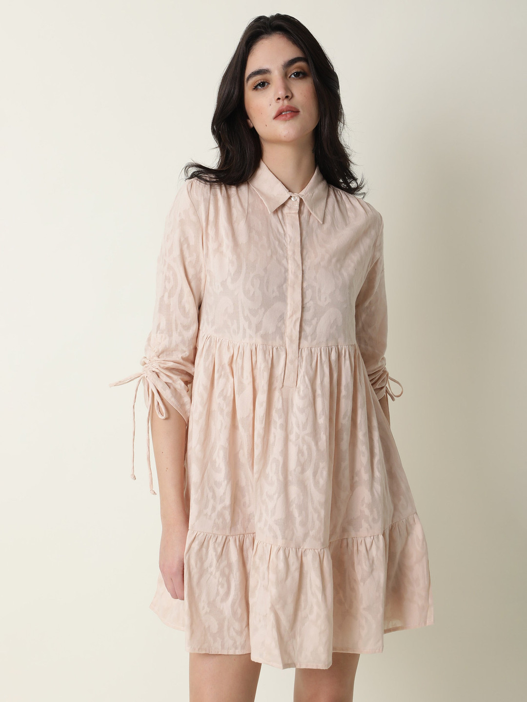 RAREISM Beige Printed Fit and Flare Dress
