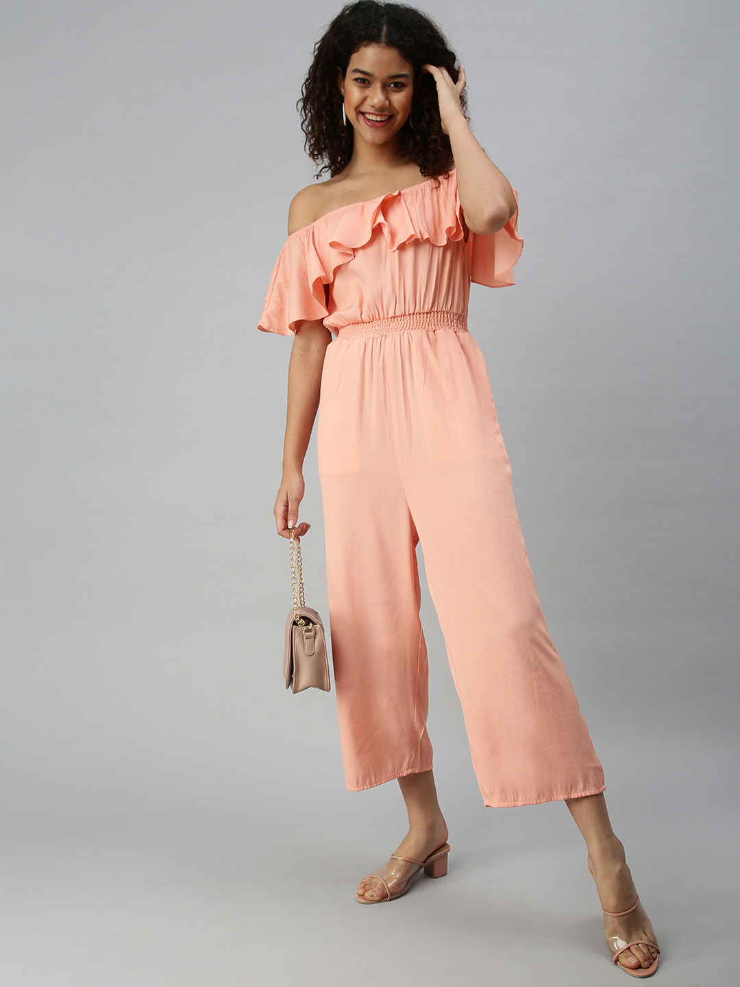 SHOWOFF Women Peach-Coloured Solid Off-Shoulder Ruffles Cotton Basic Jumpsuit