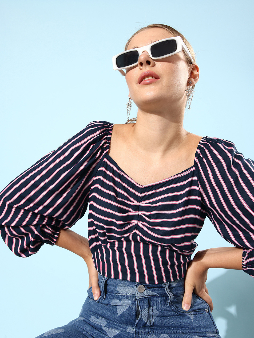Marie Claire Navy Blue Vertical Stripes Volume Play Top