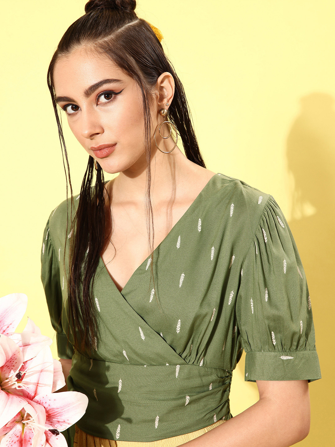 Rare Stylish Green Ethnic Motifs Volume Play Top