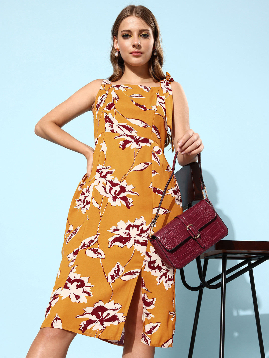 RARE Mustard Yellow Floral Print A-Line Midi Dress